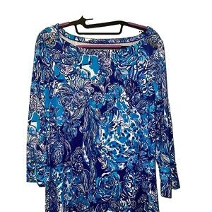 Lily Pulitzer Sophie Large Blue patterned dress long sleeve buttons on cuff